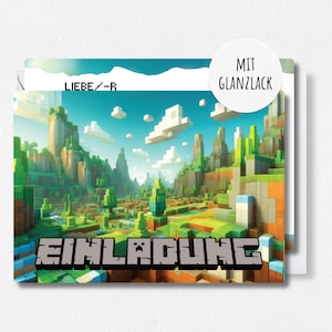 12x EINLADUNGSKARTEN (+ passende Umschläge) für Jungen & Mädchen Kindergeburtstag - coole Karten mit Pixel-Motiv und partiellem Glanzlack