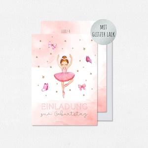 12x EINLADUNGSKARTEN (+ passende Umschläge) für Kindergeburtstag - süße Glitzer Karten mit Ballerina Motiv