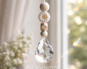 Handgemachter Sonnenfänger Kristall 38mm – Fensterdeko Gänseblümchen mit Holz- & Silikonperlen