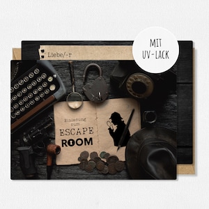 12x EINLADUNGSKARTEN (+ passende Umschläge) für Jungen & Mädchen Kindergeburtstag - coole Karten mit Escape Room Motiv und UV-Lack