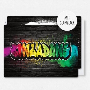 12x EINLADUNGSKARTEN (+ passende Umschläge) für Jungen & Mädchen Kindergeburtstag - coole Karten mit Graffiti-Motiv und partiellem Glanzlack