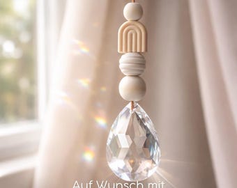 Handgemachter Sonnenfänger Kristall 50 mm – Fensterdeko Boho Regenbogen mit Holz- & Silikonperlen