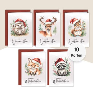 10x Weihnachtskarten Set aus hochwertigem Leinenkarton - Weihnachtliche Waldtiere - mit Umschlägen - Klappkarten DIN A6 - Frohe Weihnachten