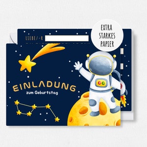12x EINLADUNGSKARTEN (+ passende Umschläge) für Jungen & Mädchen Kindergeburtstag - galaktische Karten mit Astronaut Motiv