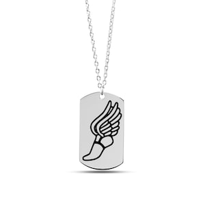 Winged Sandals Dog Tag Necklace – Hermes-inspired mythology jewelry symbolizing speed, agility, and freedom - Gift for Him