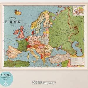 Mapa antiguo de Europa de 1925 / Mapa del mundo retro vintage, Europa / Impresión colorida / Arte mural imprimible / Póster vintage / Descarga digital