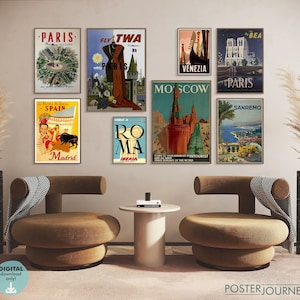 Retro Travel Posters, Vintage Gallery Wall Art, Eclectic Print Set, Cities, Colorful Room Decor, Set of 8, DIGITAL Download, Printable Art