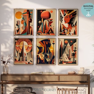 Egypt Art Deco Print Wall Art Bundle, Set of 6 Prints, Ancient Egyptian, Retro Poster, Modern Printable Wall Art Decor, DIGITAL Download