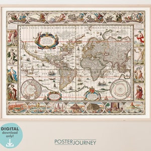 Carte du monde ancien de 1650 | Carte rétro vintage du monde | Impression colorée | Art mural imprimable | vintage Poster | DIGITAL Télécharger