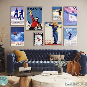 Carteles de viajes retro de invierno, arte de pared de galería vintage, conjunto de impresiones eclécticas, decoración de habitaciones coloridas, conjunto de 8, descarga DIGITAL, arte imprimible