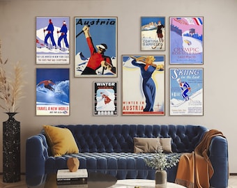 Winter Retro Travel Posters, Vintage Gallery Wall Art, Eclectic Print Set, Colorful Room Decor, Set of 8, DIGITAL Download, Printable Art