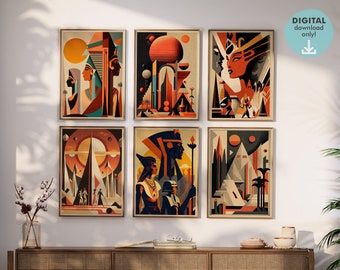 Egypt Art Deco Print Wall Art Bundle, Set of 6 Prints, Ancient Egyptian, Retro Poster, Modern Printable Wall Art Decor, DIGITAL Download
