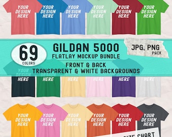 May include: A mockup bundle of Gildan 5000 t-shirts in various colors, including red, blue, green, and yellow. Each shirt displays the text "YOUR DESIGN HERE." The image also includes text indicating 69 colors, front and back views, and transparent backgrounds.
