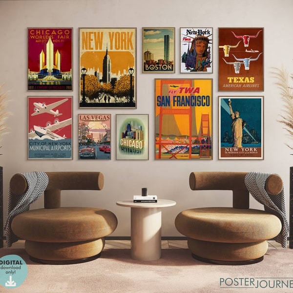 Retro Travel Posters, Vintage Gallery Wall Art, Eclectic Print Set, Cities, Colorful Room Decor, Set of 8, DIGITAL Download, Printable Art