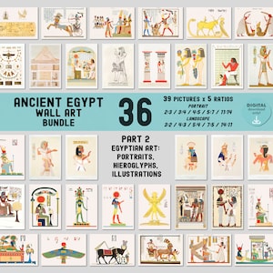 Ancient Egypt Wall Art Bundle of Portraits & Hieroglyphs, Gallery Set of 36 Prints, Vintage Illustration, Printable Decor, DIGITAL Download