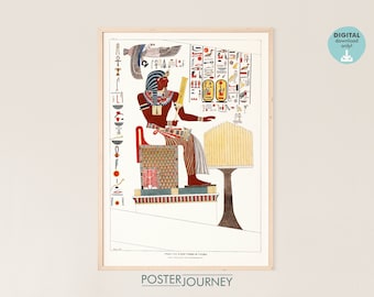 Illustration of Egyptian Pharaoh and Hieroglyphs, Ancient Egypt Print, Antique Printable Wall Art, Vintage Poster, DIGITAL Download