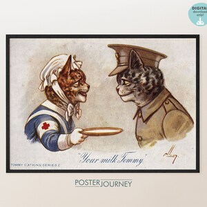 Impressão de anúncio de enfermeira e gatos do exército, pôster retrô, arte de parede vintage, impressão de cartão postal colorido, decoração de casa para impressão, download DIGITAL