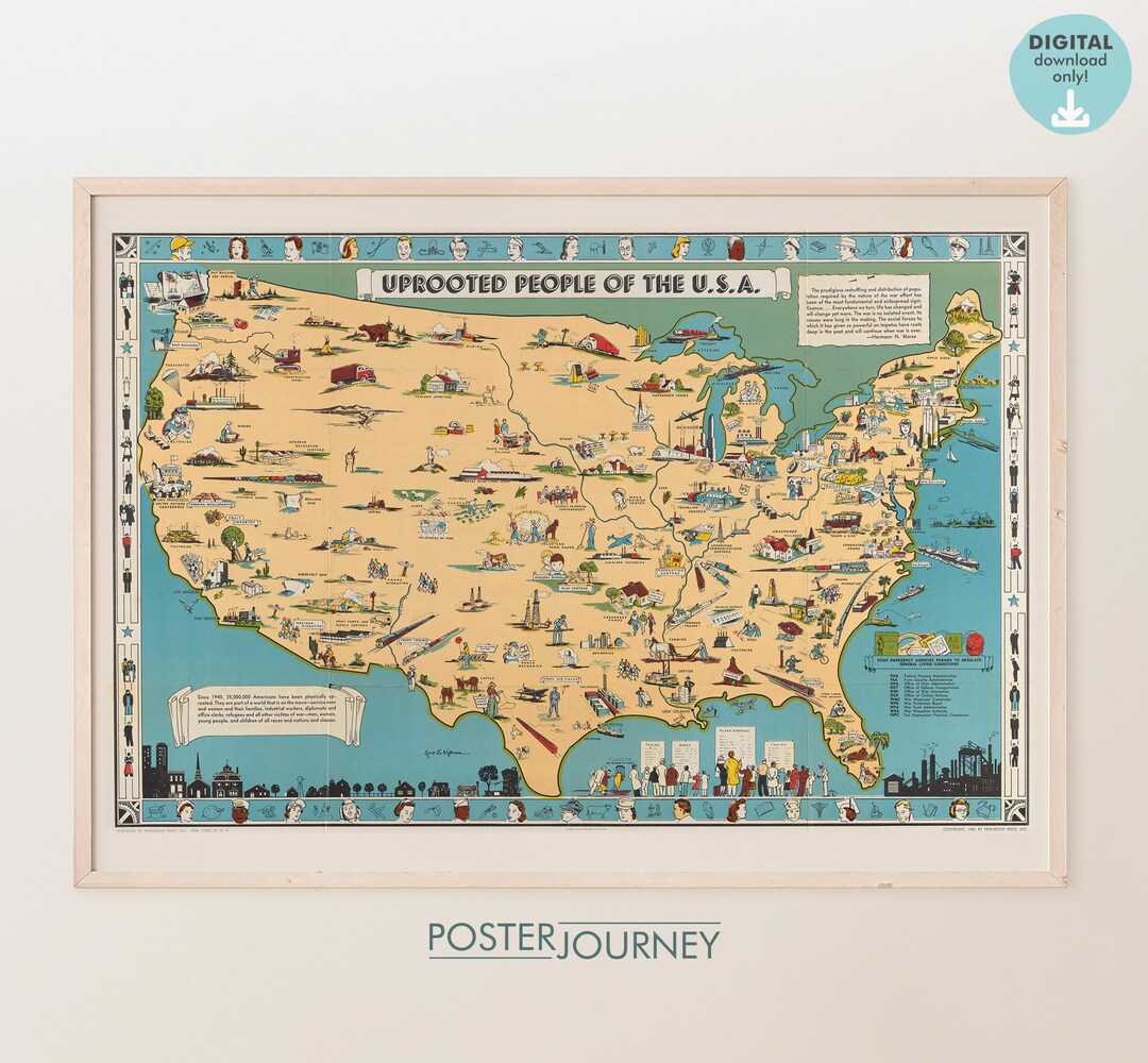 Old Pictorial Map of USA Retro Vintage United States Map Colorful Print Printable Wall Art ...