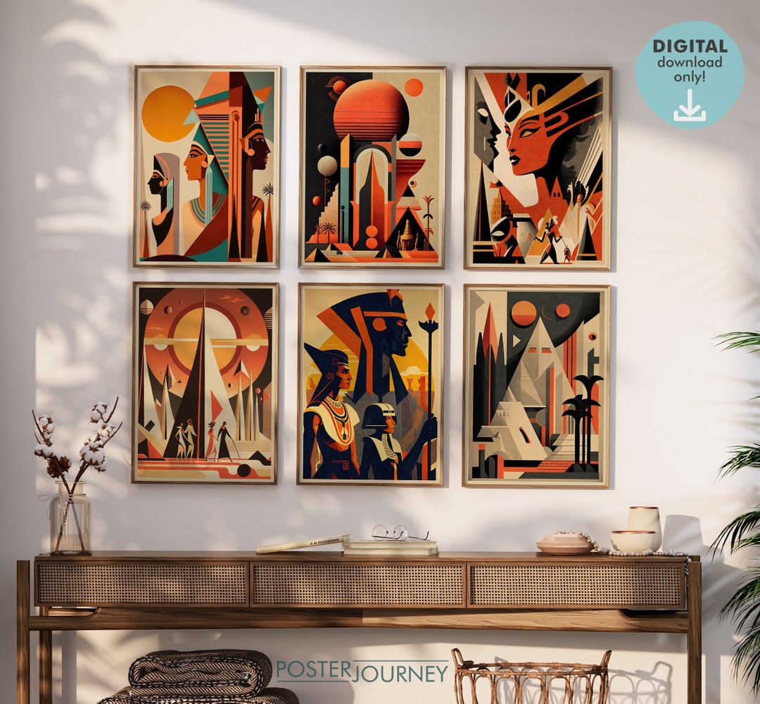 Egypt Art Deco Print Wall Art Bundle, Set of 6 Prints, Ancient Egyptian