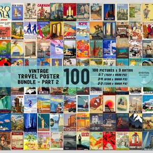 Retro reisposters, vintage galerij kunst aan de muur, esthetische muurcollage, set van 100 prints, kleurrijk eclectisch kamerdecor, digitale download