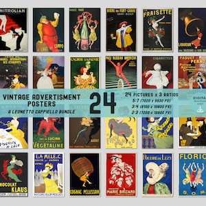 May include: A collection of 24 vintage advertisement posters featuring various products and brands. The posters are in a variety of styles and colors, and they are all in a rectangular format. The posters are arranged in a grid pattern, and they are all in a good condition. The posters are a great example of vintage advertising art.