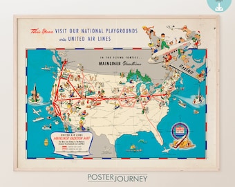 Old Vacation Map of USA  | Retro Vintage United States Map | Colorful Print | Printable Wall Art | Vintage Poster | DIGITAL Download