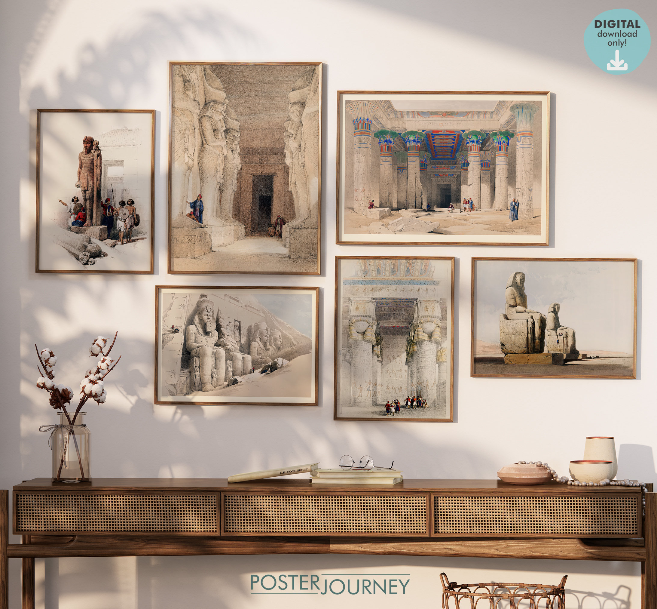 Ancient Egypt Landmarks Poster Bundle, Gallery Wall Set of 6 Prints, Vintage Illustration, Printable Wall Art Decor, DIGITAL Download