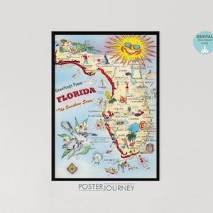 Florida USA picturale vakantie vakantiekaart, retro vintage kaart, kleurrijke print, afdrukbare muurkunst, vintage poster, digitale download