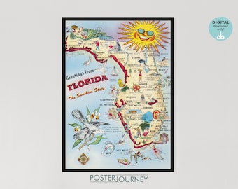 Mapa pictórico de vacaciones de Florida EE. UU., Mapa vintage retro, impresión colorida, arte de pared imprimible, cartel vintage, descarga DIGITAL