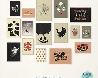 May include: A collection of 14 printable Halloween themed digital posters featuring various spooky designs, including ghosts, cats, pumpkins, spiders, and bats. The posters are in black, white, orange, and red on a beige background.