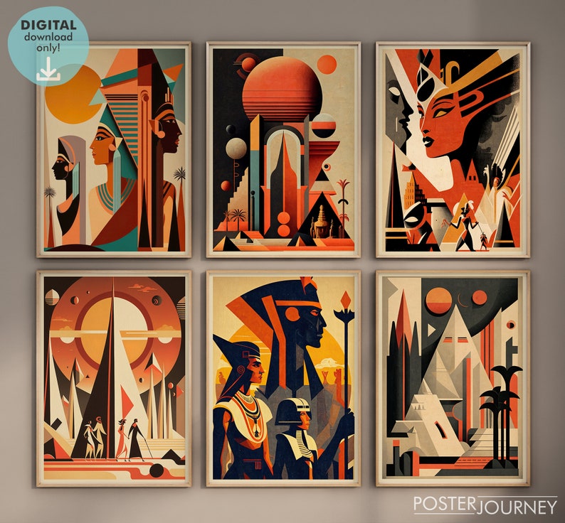 Egypt Art Deco Print Wall Art Bundle, Set of 6 Prints, Ancient Egyptian