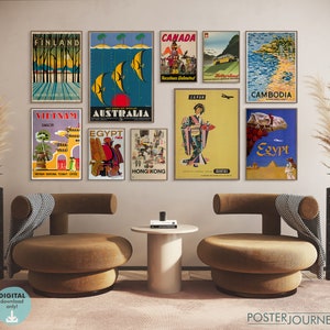 Retro Travel Posters, Vintage Gallery Wall Art, Eclectic Print Set, Colorful Room Decor, Set of 8, DIGITAL Download, Printable Art