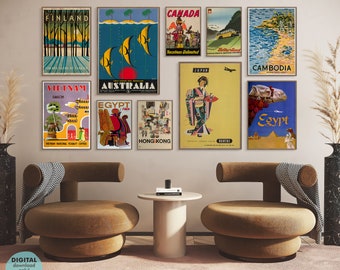 Retro Travel Posters, Vintage Gallery Wall Art, Eclectic Print Set, Colorful Room Decor, Set of 8, DIGITAL Download, Printable Art