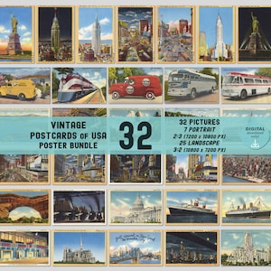 Galeria de cartões postais vintage dos EUA, arte de parede, pôsteres vintage da América, conjunto de 32 impressões, decoração de parede retrô, download DIGITAL para impressão