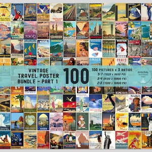 Carteles de viajes retro, arte de pared de galería vintage, collage de pared estético, conjunto de 100 impresiones, decoración ecléctica colorida de la habitación, descarga DIGITAL