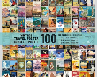 Retro Travel Posters, Vintage Gallery Wall Art, Aesthetic Wall Collage, Set of 100 Prints, Colorful Eclectic Room Decor, DIGITAL Download