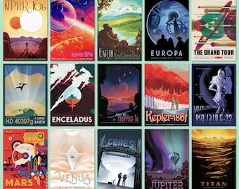 Retro-futuristische ruimtevaartposterbundel, galerijmuurset van 15 prints, vintage moderne afdrukbare muurkunstdecor, digitale download