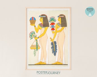 Illustration of Egyptian Women Offering Flowers & Fruits, Ancient Egypt Print, Antique Printable Wall Art, Vintage Poster, DIGITAL Download