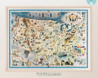 Old Pictorial Map of USA  | Retro Vintage United States Map | Colorful Print | Printable Wall Art | Vintage Poster | DIGITAL Download