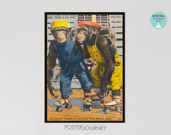 Schimpansen in Kleidung Poster, Rollschuhe, Retro Poster, Vintage Wandkunst, Bunt Postkartendruck, Printable Home Dekoration, DIGITAL Download