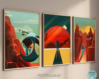 Paquete de carteles de viajes espaciales retro futurista SpaceX, conjunto de pared de galería de 3 impresiones, decoración de arte de pared imprimible moderna vintage, descarga DIGITAL