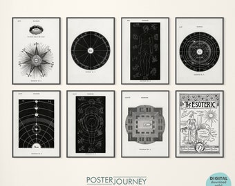 Könnte beinhalten: Satz von acht schwarz-weißen druckbaren Postern mit Diagrammen und Illustrationen zu esoterischen und okkulten Themen. Die Poster tragen Titel wie "The Esoteric" und "Diagramm Nr. 1" und beinhalten geometrische Formen, Himmelskörper und menschliche Figuren.