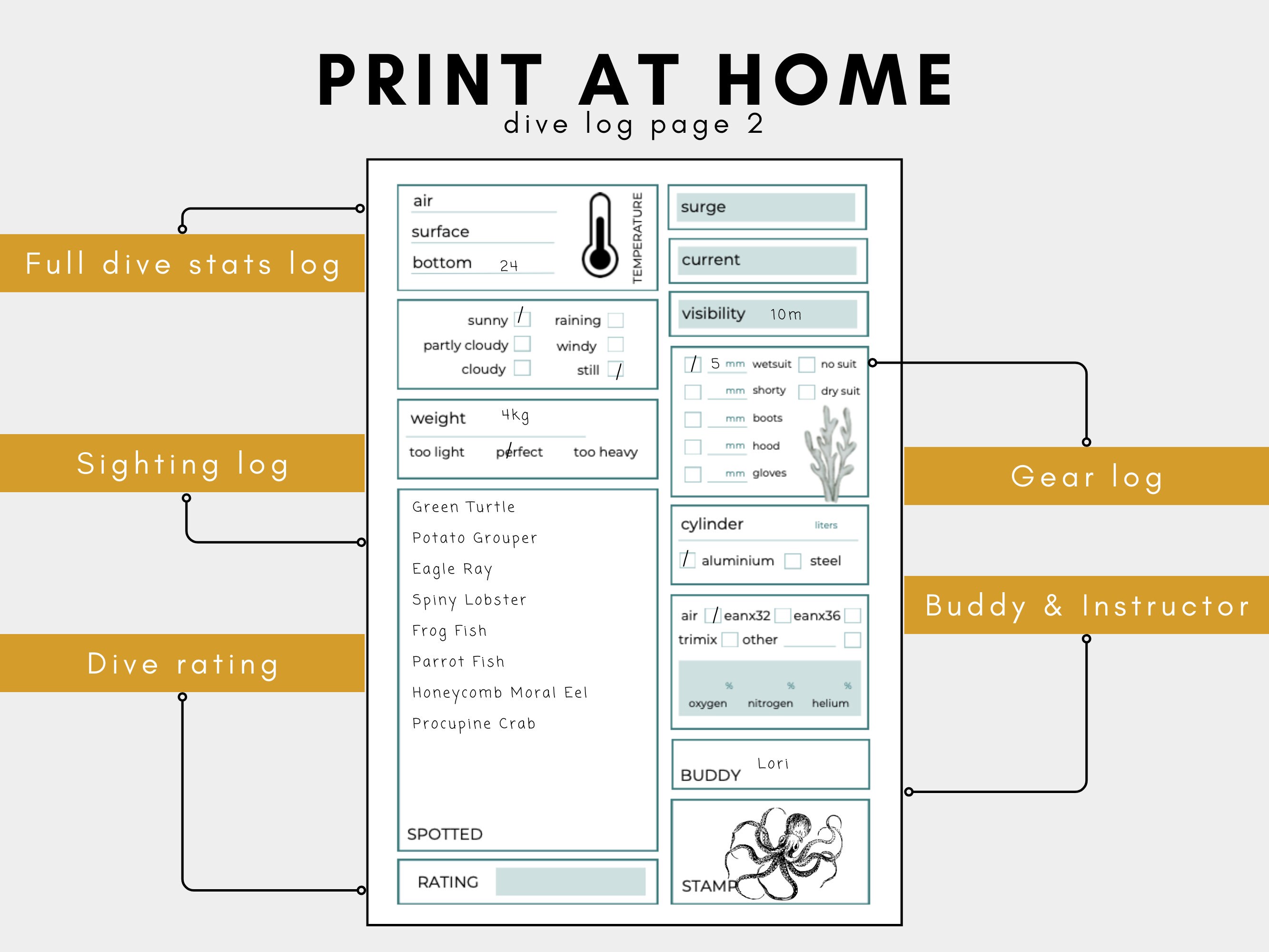 Printable Scuba Dive Log Book Journal Digital Download Diving Log Print at Home Dive Log Book