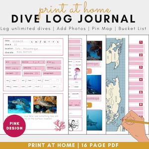 DIY Scuba Dive Journal Log Book Digital Download Diving Log Print at Home Dive Log Book Digital 16 Page PDF Digital Scuba Diving Sheet Pink