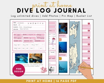 DIY Scuba Dive Journal Log Book Digital Download Diving Log Print at Home Dive Log Book Digital 16 Page PDF Digital Scuba Diving Sheet Pink