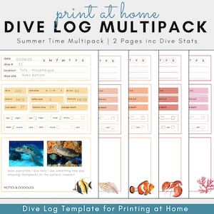 Multipack Scuba Dive Log Book Sheets Digital Download Diving Log Print at Home Dive Log Book Digital 2 Page PDF Digital Scuba Diving Journal