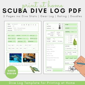 Green Scuba Dive Log Book Sheets Digital Download Diving Log Print at Home Dive Log Book Pink 2 Page PDF Digital Scuba Diving Journal
