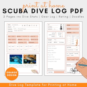 Orange Scuba Dive Log Book Sheets Digital Download Diving Log Print at Home Dive Log Book Pink 2 Page PDF Digital Scuba Diving Journal