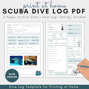 Printable Scuba Dive Log Book Sheets Digital Download Diving Log Print at Home Dive Log Book Digital 2 Page PDF Digital Scuba Diving Journal