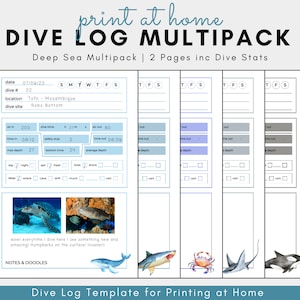 Multipack Scuba Dive Log Book Sheets Digital Download Diving Log Print at Home Dive Log Book Digital 2 Page PDF Digital Scuba Diving Journal